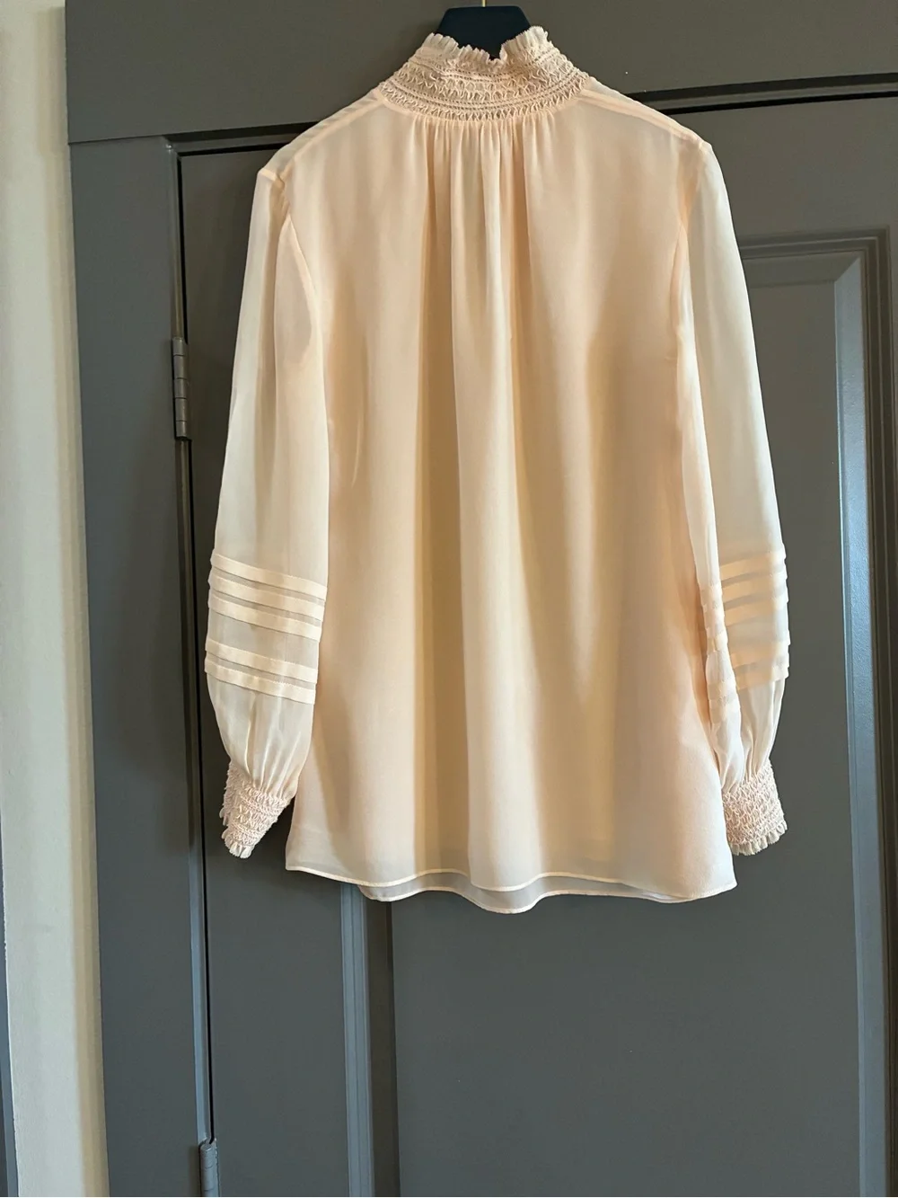 Tory Burch Soft Pink Feminine Smocked-Neck Long Sleeve Blouse - Picture 5 of 9